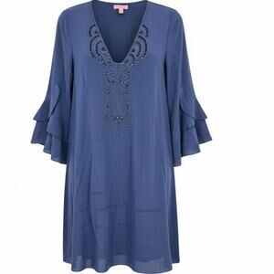 Lilly Pulitzer Women's Navy V-Neck Tatiana Beaded Silk Tunic Dress, Size M, EUC